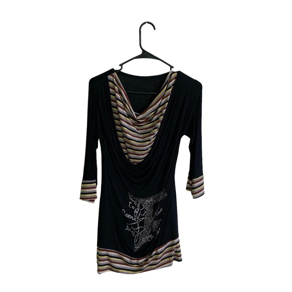 Black Blouse with Stripe Pattern 3/4 Sleeves Tunic Top Spring Summer | Size S